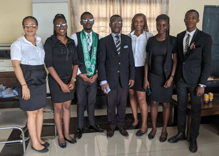 Members and Executive of Green Advocates of the Rivers State University Faculty of Law posing with the President Prof S C Dike.