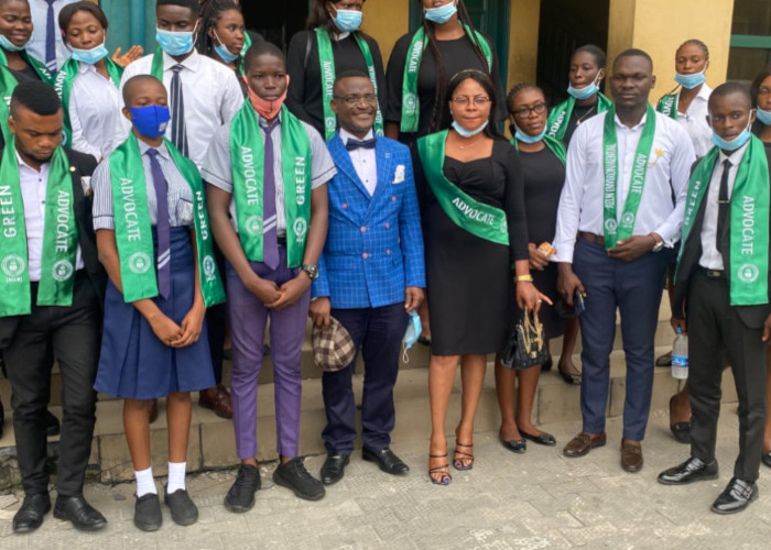 Inauguration.of Young Green Advocate in Community Secondary Sch Rumuekpirikon by the National President,Prof S .C.Dike, after a lecture on sustainable development goals.